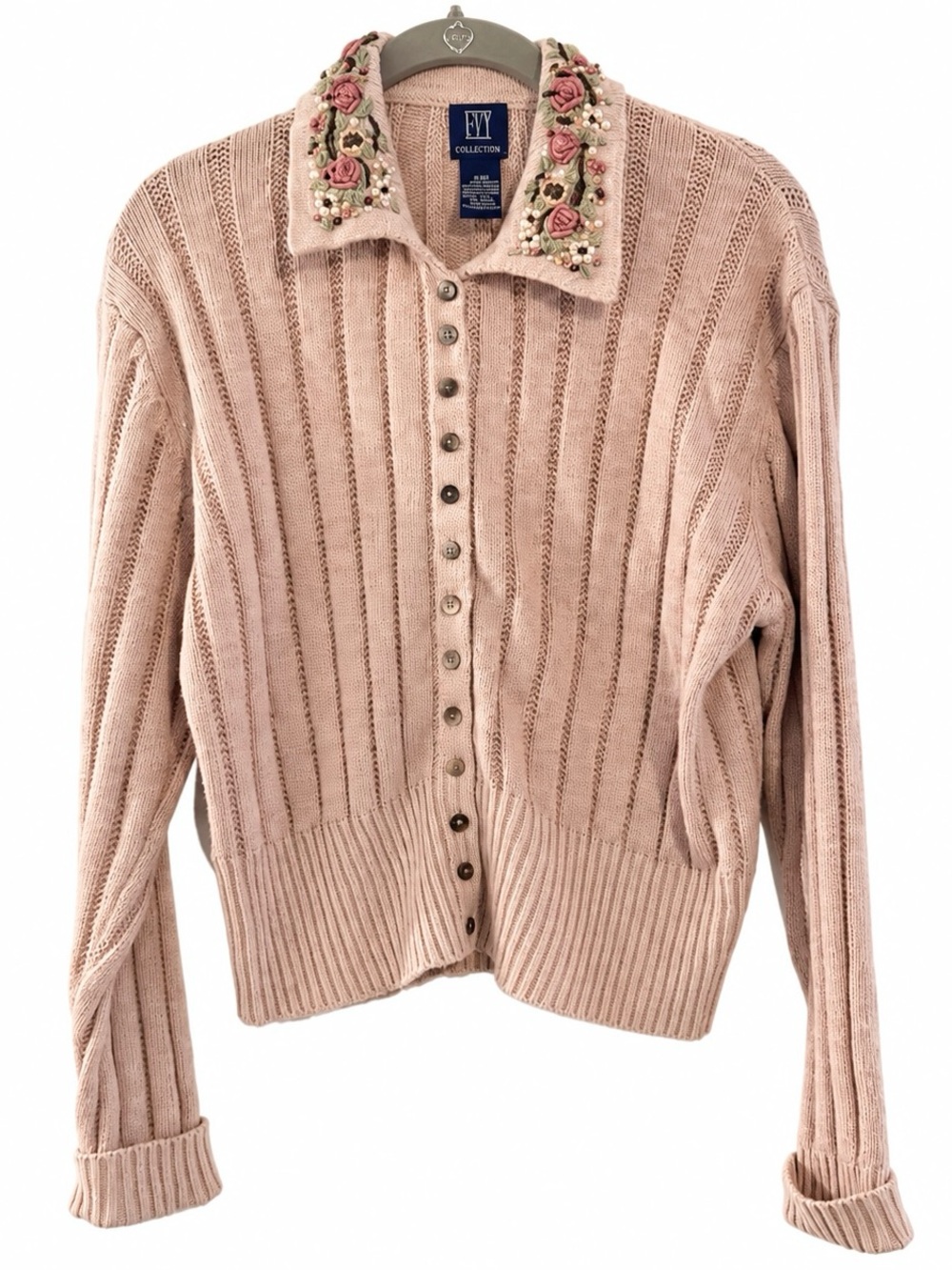 IVY Collectibles Needlepoint Embellished Collar Dusty Rose/Tan Knit Cardigan